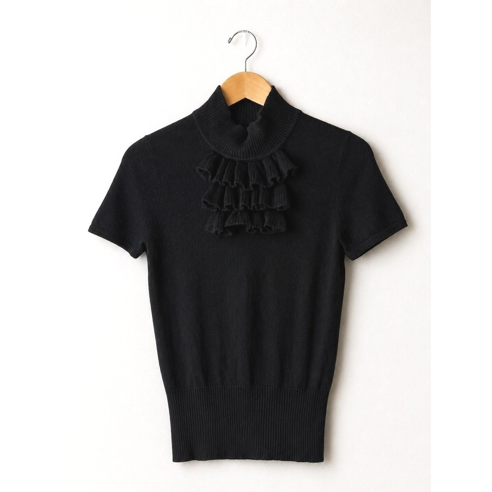 Elena Solano‎ Cashmere Sweater Women Large Black Ruffle Mock Neck Quiet Luxury